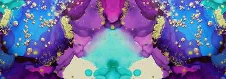 art photography of abstract fluid art painting with alcohol ink blue, purple, green, gold colors and...