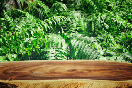 wooden table in front of tropical green floral background. for product display and presentation.