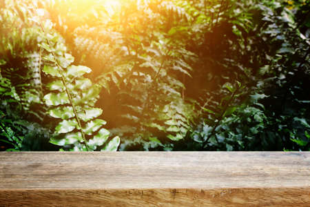 wooden table in front of tropical green floral background. for product display and presentation.