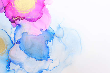 art photography of abstract fluid painting with alcohol ink, blue, pink and gold colors