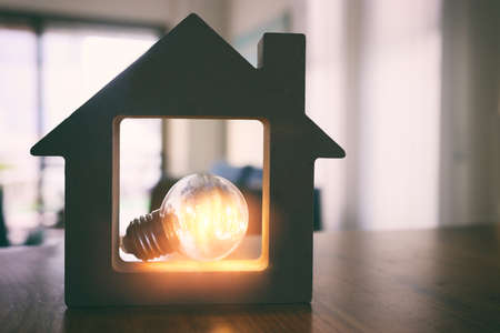 Wood house with Light bulb. energy concept or inventionの写真素材