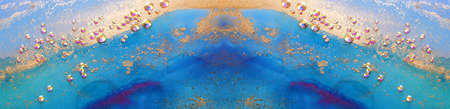 art photography of abstract fluid art painting with alcohol ink blue, aqua, gold colors and crystal...