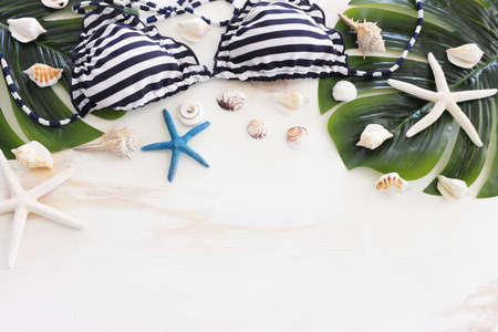 Top view of female swimsuit bikini, sea shells and starfish over white wooden background. Summer beach vacation conceptの写真素材
