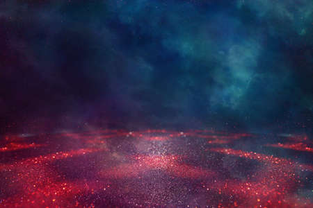 abstract red, blue and black defocused background. bokeh lightsの写真素材