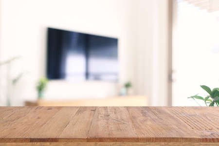 empty table board and defocused indoor background. product display conceptの写真素材