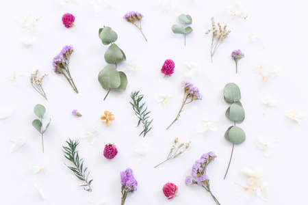 Top view image of flowers composition on white background .Flat lay