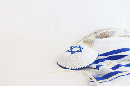 religion image of white prayer talit. Rosh hashanah (jewish New Year holiday), Shabbat and Yom kippur conceptの写真素材