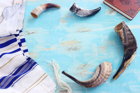 religion image of shofar (horn) on white prayer talit. Rosh hashanah (jewish New Year holiday), Shabbat and Yom kippur conceptの写真素材