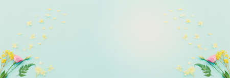 Top view image of pink, yellow and purple flowers composition over pastel blue background .Flat layの写真素材