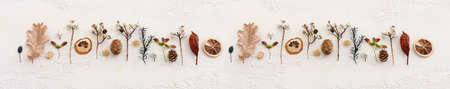 Top view image of autumn forest natural composition over wooden white background .Flat lay. Bannerの写真素材