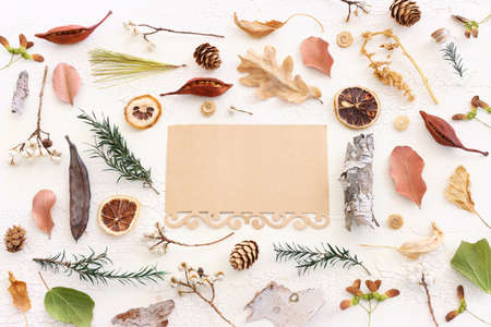 Top view image of autumn forest natural composition over wooden white background and empty paper for copy space .Flat lay. Bannerの写真素材