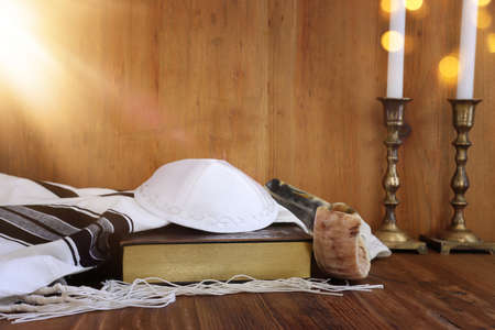 religion image of shofar (horn) and white prayer talit. Rosh hashanah (jewish New Year holiday), Shabbat and Yom kippur conceptの写真素材