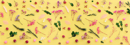 Top view image of pink, purple and green flowers composition over pastel yellow background .Flat layの写真素材