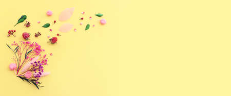 Top view image of pink, purple and green flowers composition over pastel yellow background .Flat lay