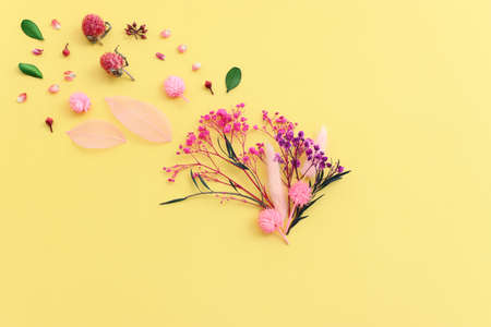 Top view image of pink, purple and green flowers composition over pastel yellow background .Flat lay