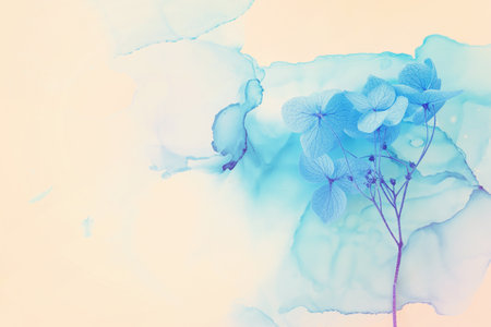 Creative image of blue Hydrangea flowers on artistic ink background. Top view with copy spaceの写真素材