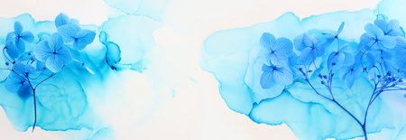 Creative image of blue Hydrangea flowers on artistic ink background. Top view with copy spaceの写真素材