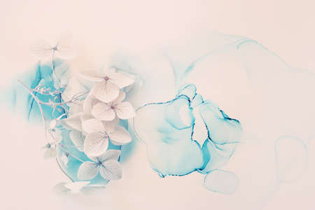 Creative image of pastel blue Hydrangea flowers on artistic ink background. Top view with copy space
