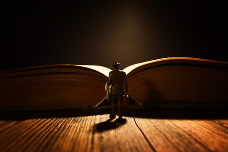 Miniature man stands in front of open book. Concept of dream and fantasyの写真素材