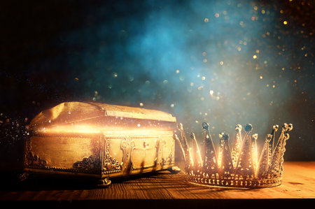 low key image of beautiful queen or king crown and gold treasure chest. vintage filtered. fantasy medieval periodの写真素材