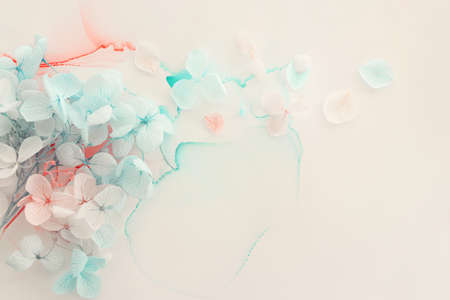 Creative image of pastel blue and pink Hydrangea flowers on artistic ink background. Top view with...