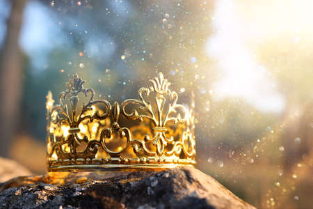mysterious and magical photo of gold king crown in the woods over stone. Medieval period concept.の写真素材