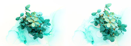 Creative image of emerald and green Hydrangea flowers on artistic ink background. Top view with copy...