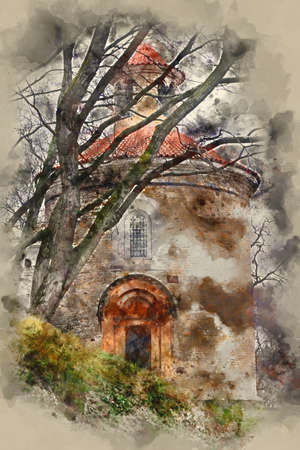 watercolor style and abstract illustration of ancient house and bare trees at winterの写真素材