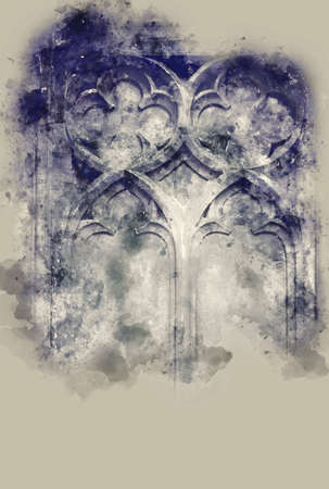 watercolor style illustration of Gothic haunted part of the window made from stoneの写真素材