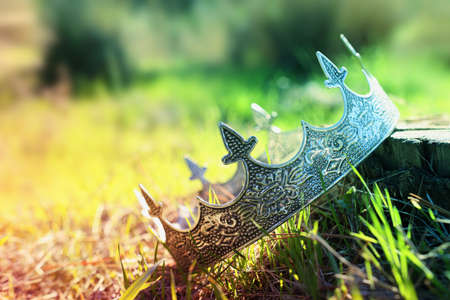 mysterious and magical photo of silver king crown in the woods. Medieval period concept.の写真素材