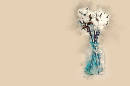 watercolor style and abstract image of cotton plant flower branch in the blue vaseの写真素材