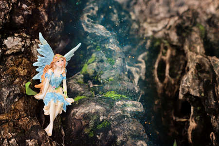 image of magical little fairy in the forest sitting on the treeの写真素材
