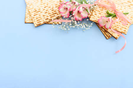 Passover background of matzoh (jewish holiday bread). Top viewの写真素材