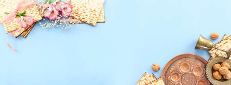 Pesah celebration concept (jewish Passover holiday). Translation of Traditional pesakh plate text:...