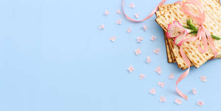 Passover background of matzoh (jewish holiday bread). Top viewの写真素材