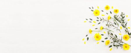 Top view image of yellow chrysanthemum field flowers composition over wooden white background. Flat...