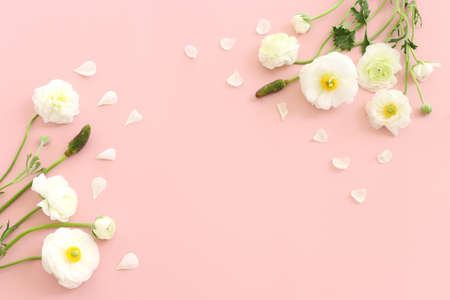 Top view image of white flowers composition over pink pastel background