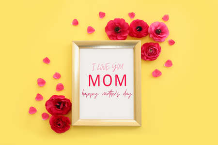 mother's day concept with pink flowers over pastel backgroundの写真素材