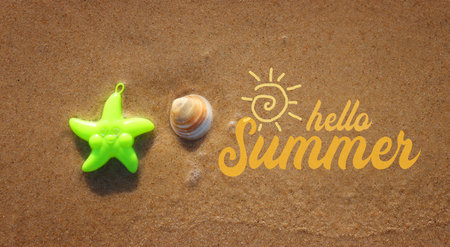 Top view image of sandy summer beach and plastic star fishの写真素材