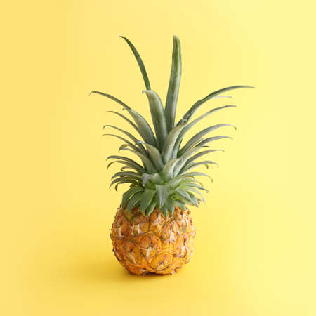 Ripe pineapple over yellow background. Beach and tropical themeの写真素材