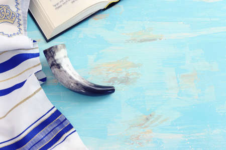 religion image of shofar (horn) on white prayer talit. Rosh hashanah (jewish New Year holiday), Shabbat and Yom kippur conceptの写真素材