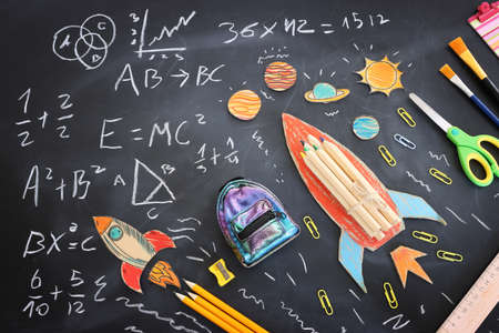 education. Back to school concept over blackboard background. top view, flat layの写真素材