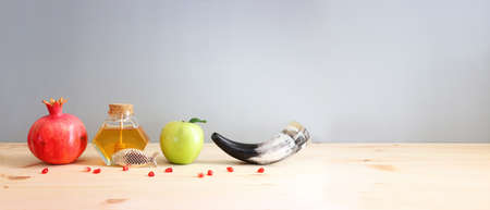 Rosh hashanah (jewish New Year holiday) concept. Traditional symbols