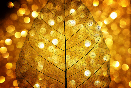 Transparent skeleton leaves over glitter black abstract backgroundの写真素材