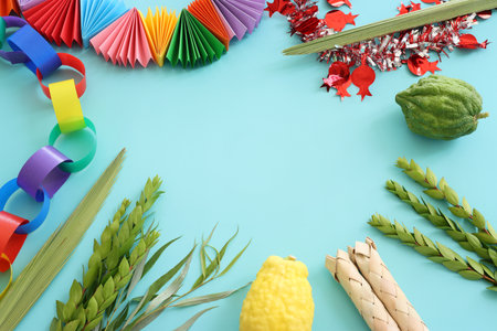 Jewish festival of Sukkot. Traditional symbols (The four species): Etrog (citron), lulav (palm...