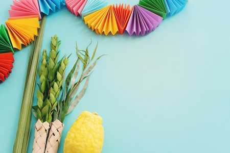 Jewish festival of Sukkot. Traditional symbols (The four species): Etrog (citron), lulav (palm branch), hadas (myrtle), arava (willow)の写真素材