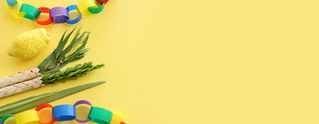 Jewish festival of Sukkot. Traditional symbols (The four species): Etrog (citron), lulav (palm...