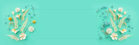Top view image of white dry flowers over pastel blue background .Flat lay