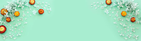 Top view image of Helichrysum bracteatum and Hydrangea dry flowers over mint background .Flat layの写真素材