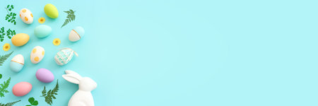Cute bunny next to easter colorful eggs over blue pastel background